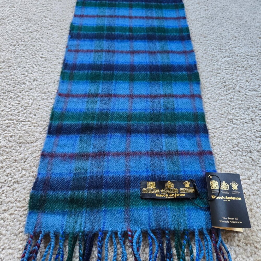 NWT Kinloch Anderson Blue Plaid Wool Fringe Scarf - Picture 4 of 7